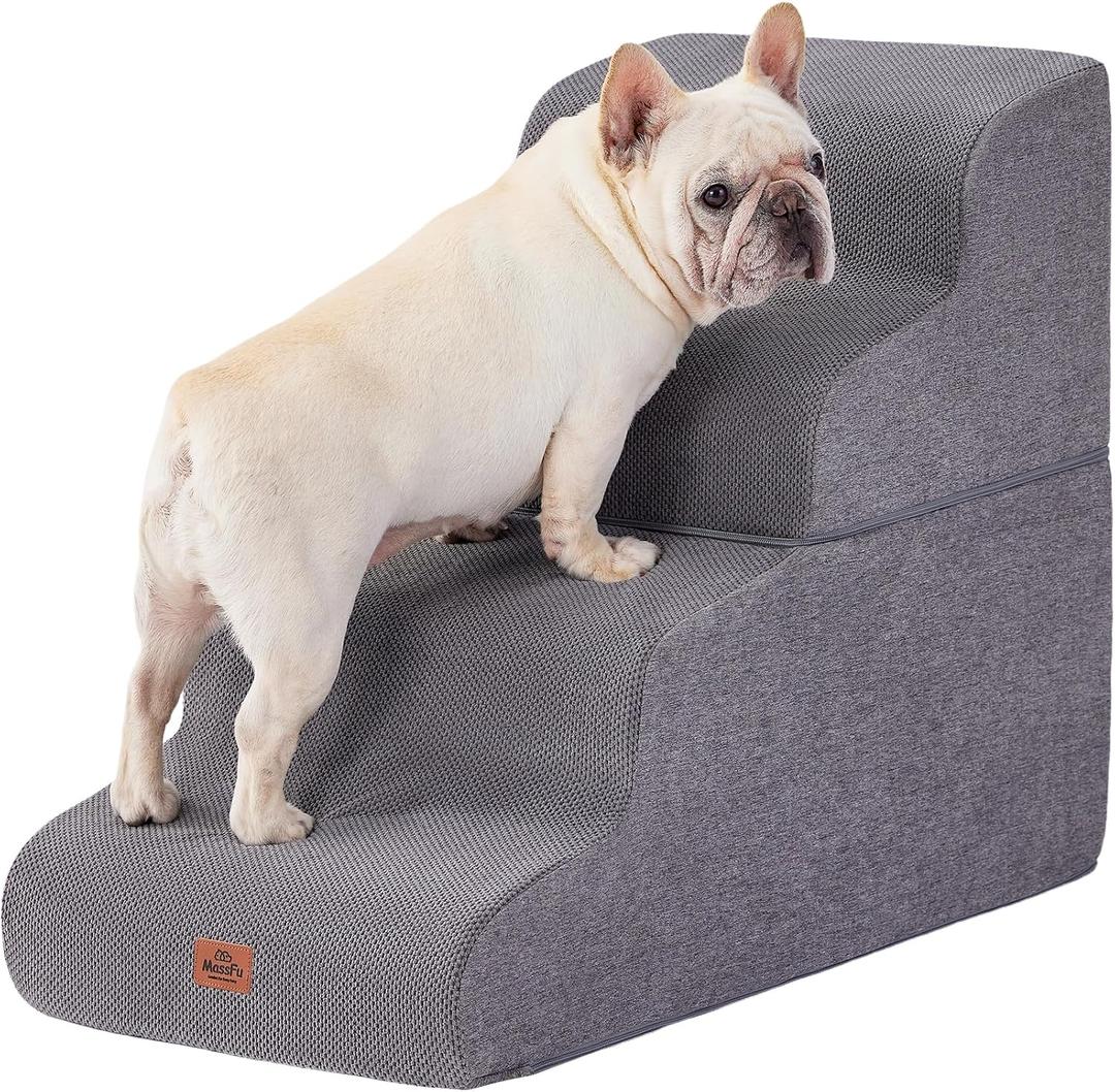 Gray Curved Dog Stairs Ramp for High Beds 22.8" H, 4-Step Dog Steps for Small Dogs and Cats, Pet Stairs for High Bed Climbing, Non-Slip Balanced Pet Step