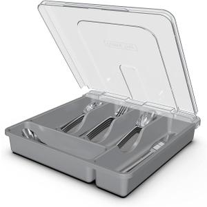 Silverware Tray with Lid, Utensil Holder for Kitchen Counter Plastic Flatware Organizers and Storage holder 5 Compartments Grey