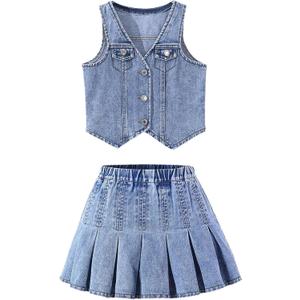 MakeMeChic Girl's Y2K Two Piece Cute Outfits Denim Jeans Sleeveless Button Down Vest and Pleated Mini Skirt Set 8-12 Years (Blue) 
12Y
