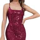 Women's Spaghetti Straps Sparkly Sequins Bodycon Mini Dress Party Nightclub (Red, XS)