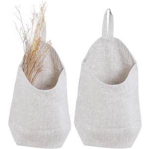 100% Linen Hanging Storage Bags Baskets 2 Pcs, Small Wall Storage Bag for Kitchen, Bedroom, RV Camper Organizer, Sewing Room, Nursery Storage, Kids Room, Linen