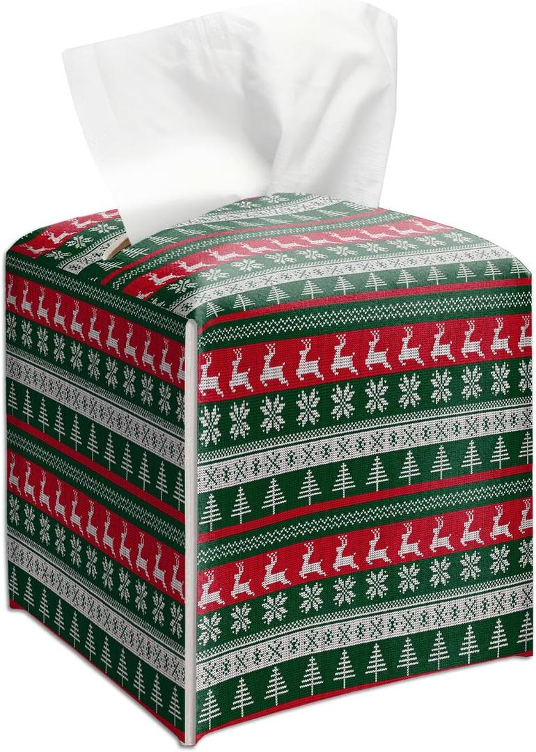 Christmas Tissue Box Cover, Green Tissue Holder Square with Bottom Belt for Home Bathroom Office Nightstand Car Vanity Desk, Housewarming Gifts Ideas for Women Friends Mom -24