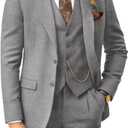 Men's 3 Piece Tweed Suit Retro Herringbone Lapel Blazer Vest Pants Set for Wedding Business (Large, Light Grey)