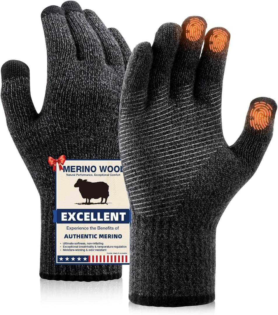 Merino Wool Gloves for Men Women Touch Screen Warm Anti-Slip Glove Liners Thermal for Driving Hiking (Large, He01-(Black Grey Marl))