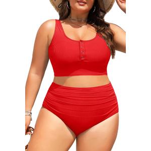 Plus Size 2 Piece Swimsuit - Womens High Waisted Bikini Tummy Control Bathing Suit Ribbed 2025 Swimwear (Red) 22W