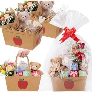 Qinyoung 12 Pcs Teacher Appreciation Kraft Baskets for Gifts Empty Apple Gift Basket with Handles, Pull Bows, Cellophane Bags and Twist Ties for Teachers Week & School Events, 9.8 x 6.5''