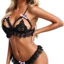 Lingerie Sets for Women Lace, Bra and Panty Sets for Women Naughty Outfits Babydoll Chemise, Onesize 2-8 Black