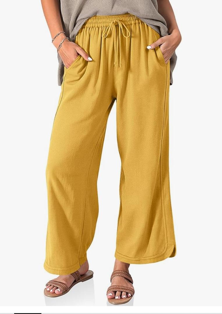 Women Linen Wide Leg Pants Casual Loose Drawstring Summer Beach Travel Vacation Palazzo Pants with Pockets L