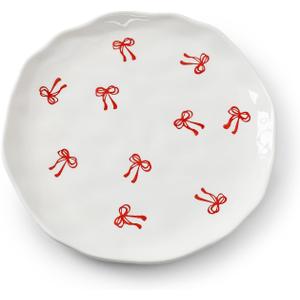 Koythin Floral Ceramic Dinner Plates, 8" Microwave Safe Dishes for Pasta, Modern Rustic Appetizer Plate for Salad Fruits Dessert Cake (Double Line Bow)