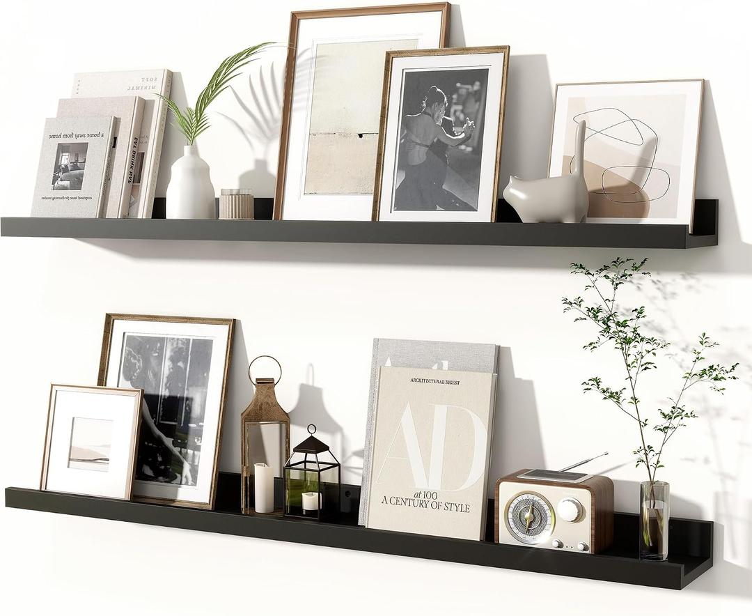 Fun Memories Picture Ledge Shelves Set of 2, 36 Inch Rustic Wall Mounted Floating Shelves with Lip for Home Storage and Dcor in Bathroom, Kitchen, Nursery, Bedroom, Living Room, Black