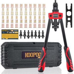 KOOPOOL 14" Rivet Nut Tool Kit, Heavy-Duty Rivnut/Nutsert Tool with 7 Mandrels (M6, M8, M10, 1/4"-202, 5/16"-18, 3/8"-16) & 70 Rivet Nuts, Rugged Rivnut Tool Kit with Carrying Case (14")
