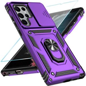 SunStory Phone Case for Samsung Galaxy S22 Ultra 5G Case with HD Screen Protector & Slide Camera Cover & Rotated Ring Kickstand, [Military-Grade] [2 in 1] Phone Case for Galaxy S22 Ultra 6.8",Purple