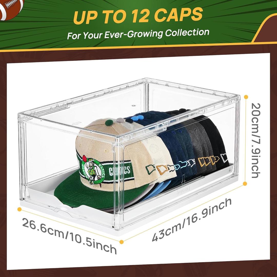 3 Pack Hat Organizer for Baseball Caps Storage Organizer with Sliding Trays, Stackable Hat Boxes Holder Rack with Drawer, Clear Display Case for Hats Snapback Cap, Hold 12 Hats Each
