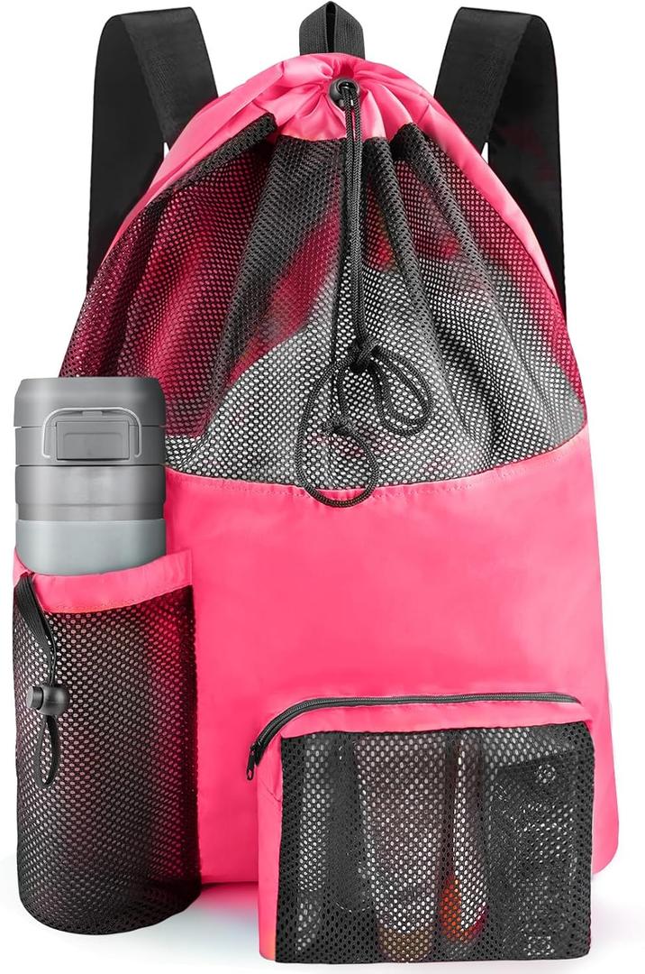 Swim Mesh Beach Bag, Waterproof Gym Bags for Women and Men, Large Pool Bag Swimming Gear Drawstring Backpack (Hot Pink)