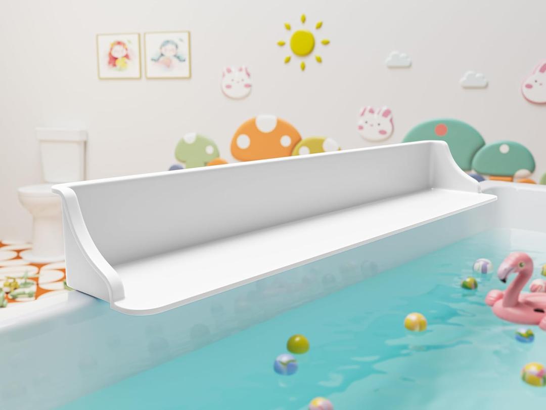 3-Ft Bathtub Splash Guard PlayPad with Strong Suction Cups, Toy Tray Caddy Holder Storage, No-Leak, Mess-Free Bath Time for Kids, White