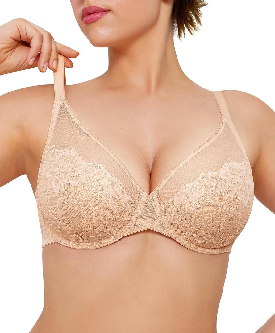 Popilush Minimizer Bras for Women Plus Size Full Coverage Lace Underwire Support Push Up Bra for Heavy Breast Everyday Wear (40D, Warm Beige)