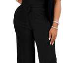 PINSV Women's 2 Piece Outfits Lounge Short Sleeve Tops High Waisted Wide Leg Pants Tracksuit Sets Black M