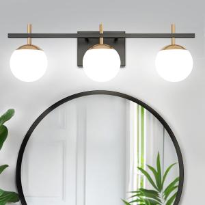 Black and Gold Mid Century Modern Bathroom Light Fixture Over Mirror, 3-Light Globe Vanity Light With Milky Glass, Wall Light for Bathroom