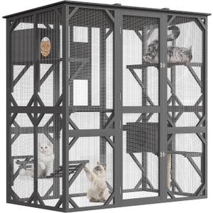 GarveeLife 70in Extra Large Walk-in Catio with Window Access, Outdoor Waterproof Roof Cat Enclosure for Multiple Cats, Cattery with Bridge and Scratching Post Grey