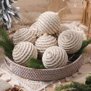 RoundFunny 12 Pcs Large Christmas Ball Ornaments Boho Farmhouse Jute Rope Balls Burlap Neutral Rustic Ornaments for Xmas Tree Wreath Garland Holiday Wedding Home (Light,3.15 Inch)