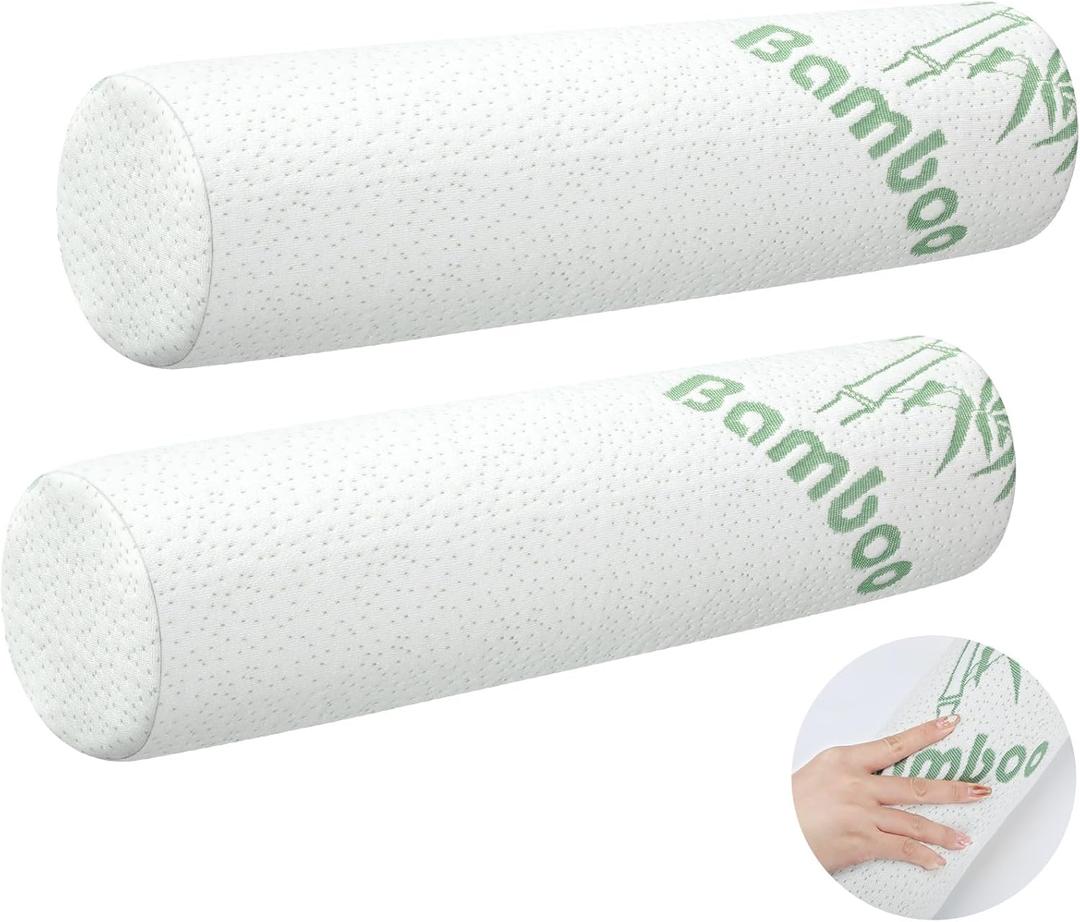 Bucherry 2 Pcs 18 x 4 Inches Cervical Neck Roll Memory Foam Pillow Cylinder Bolster Pillow for Bed Round Neck Support with Removable Washable Cover for Sleeping Travel Yoga Legs Back Lumbar
