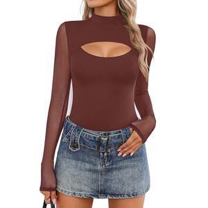 Avidlove Women Long Sleeve Thong Bodysuit Turtle Neck Shapewear Sexy Mesh Top Double Lined Cutout Shirt M