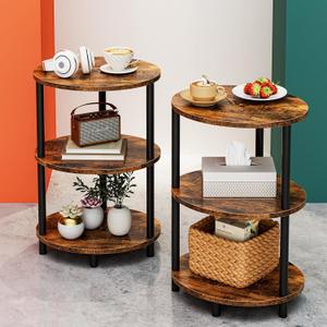 Small Round Side Table - 3-Tier Oval Accent Table for Small Spaces, Rustic Wood and Metal Couch End Table, Nightstand for Bedroom or End Table Living Room, Set of 2, Rustic Brown