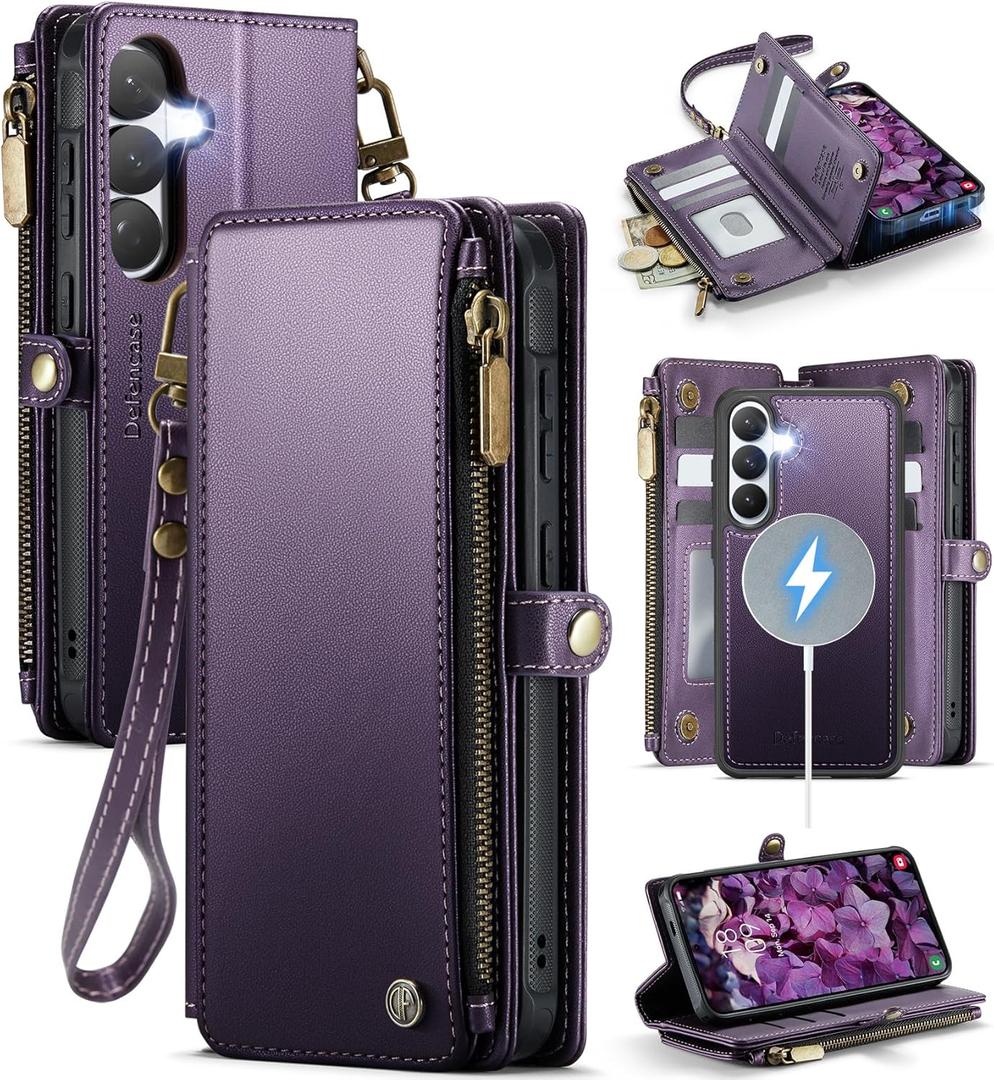 Defencase for Galaxy S26 Magnetic Wallet Case Compatible with Magsafe with RFID Blocking Zipper & Card Holder for Women Men, PU Leather Detachable Phone Case for Samsung Galaxy S26 6.3 inches, Purple