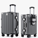 HotWay 26 Inch Aluminum Frame Luggage with Spinner Wheels, PC Hard Shell Suitcase with Cup Holder, Zipperless Luggage for Business Travel, Gray