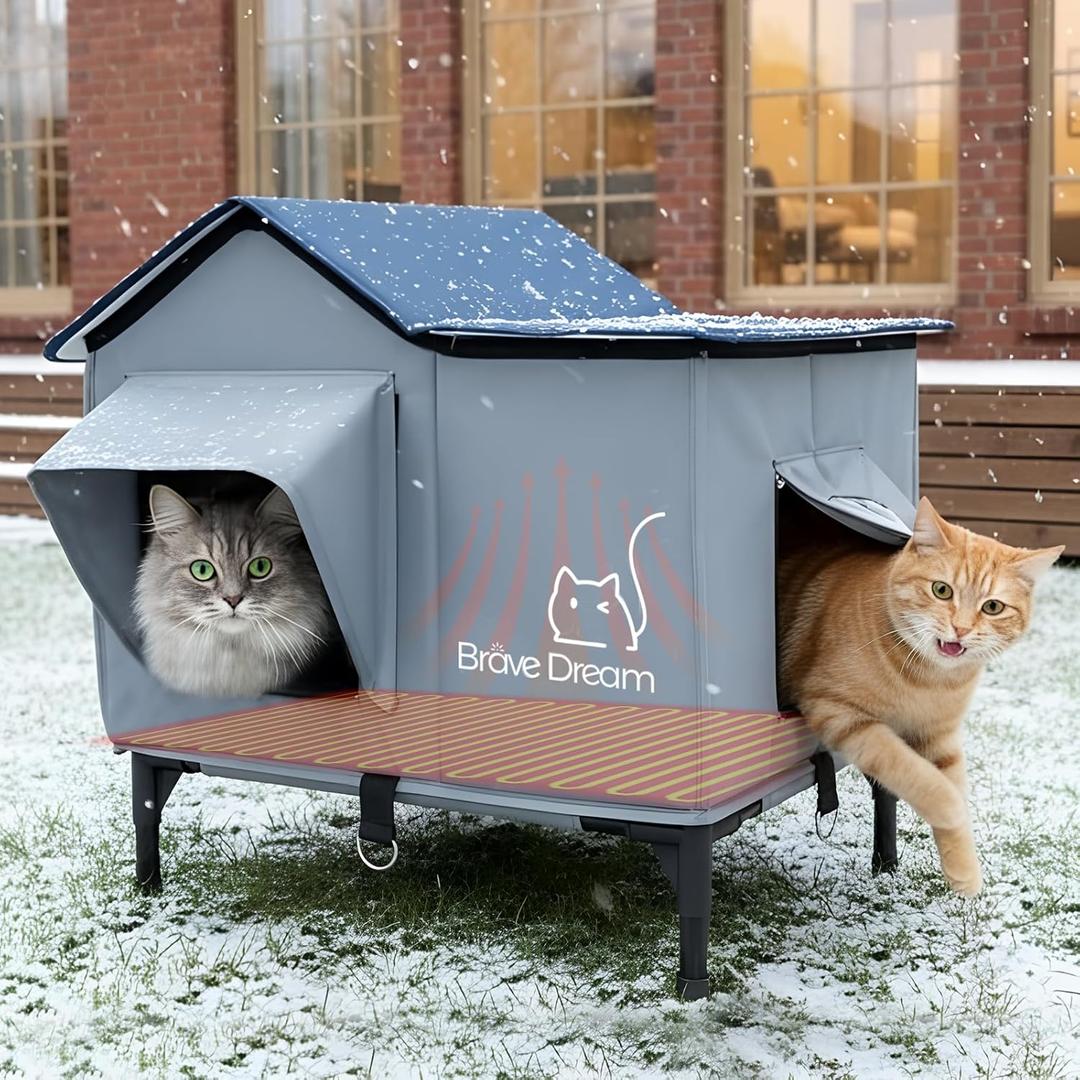 Large Cat House with Heating Pad, Insulated Weatherproof Cat House for Feral Cats, Escape Door, Elevated, Clawsable, Foldable, Outdoor Heated Pet House for Winter, Garden, Patio, Backyard, 55D x 56.9W x 59H, Gray