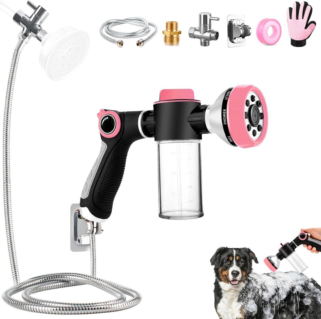 Dog Shower Attachment for Bathroom & Bathtub with 6.6FT Shower Hose, 8 Sprayer Modes Dog Washing Hose Attachment with Pet Grooming Glove Shower Diverter and Holder (PINK-HOSE INCLUDED)