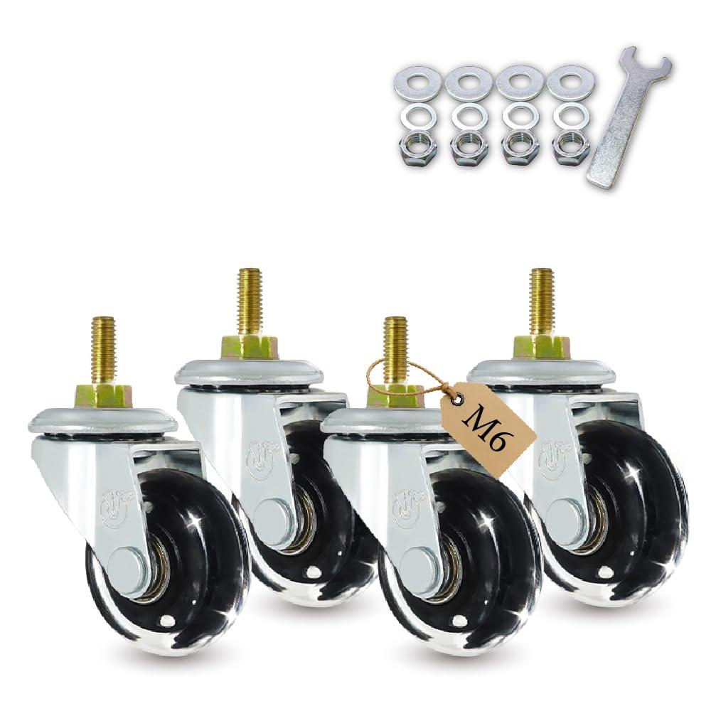 AXL M6-1.0 Threaded Stem Caster Wheels, 40mm (1.5 Inch) Inline Skate Style PU Swivel Casters, M6 Threaded Stem Caster Wheels for Tier Rolling Cart, Shelf, Furniture, Trolley (Set of 4, No Noise)