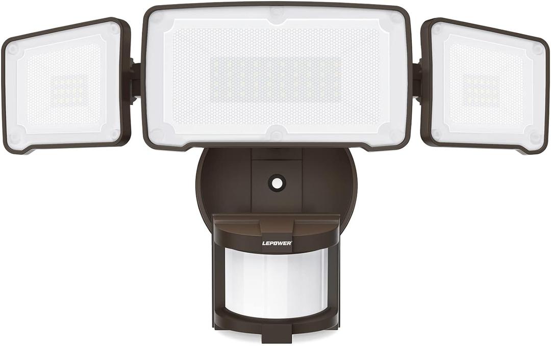 LEPOWER LED Security Light Motion Sensor Light Outdoor, 38W 4200LM Motion Security Light, 5500K, IP65 Waterproof, 3 Head Motion Detected Flood Light for Garage, Yard, Porch (Brown)