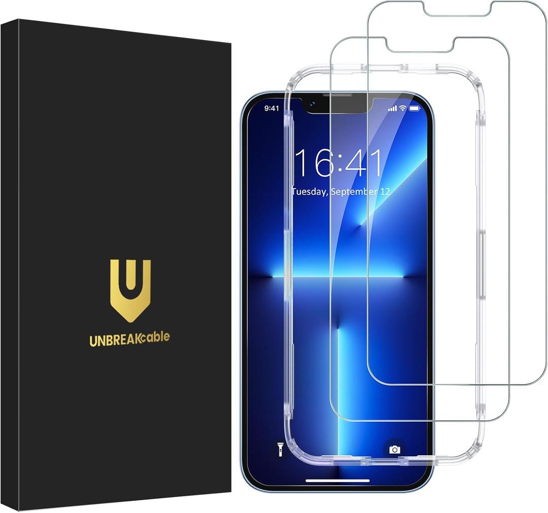 UNBREAKcable 2-Pack Screen Protector for iPhone 14/13/13 Pro Military-Grade Shatterproof Tempered Glass [9H+ Hardness] [Easy Installation Frame] [99.99% HD Clear] for Apple iPhone 13 Pro/13/14