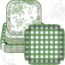 Havawish 100 Pcs Green Flower Paper Plates Set, 7 in 9 in Sage Green Chinoiserie Gingham Vintage Floral Square Disposable Plate Dinnerware for Tea Garden Wedding Party Birthday Baby Shower Supplies