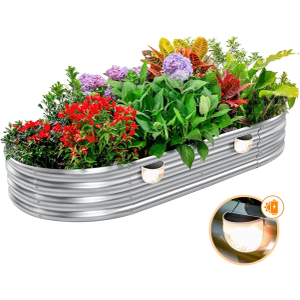 Raised Garden Bed Galvanized Planter Box Outdoor with 2 Solar Lights, Rot-Resistant Metal Garden Bed Planter for Vegetables Flower Herb