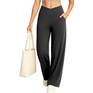 Yogaration Wide Leg Yoga Pants for Women, Crossover High Waisted Lounge Pants with Pockets, Loose Straight Leg Casual Pants, Size: X-Large Petite