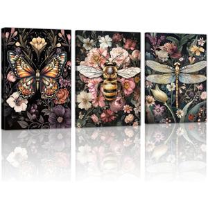 WENGTIAO 3Pcs Vintage Insect Canvas Wall Art Gothic Dark Flower Prints Bee Butterfly Dragonfly Pictures Nature Plant Paintings Artwork for Living Room Bathroom Bedroom 16x24x3