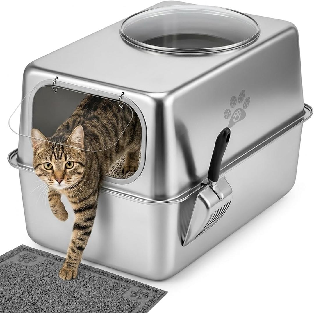 Large Enclosed Stainless Steel Cat Litter Box with Mat & Scoop, Leak-Proof, Narrow Side, 23.8"L x 15.9"W x 15.1"H
