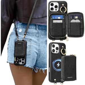 ORNARTO Magnetic Detachable Wallet Case for iPhone 16 Pro Max, [Compatible with MagSafe], Crossbody Wallet Case with Card Holder Wrist Strap, RFID Blocking PU Leather Wallet Phone Cover 6.9", Black