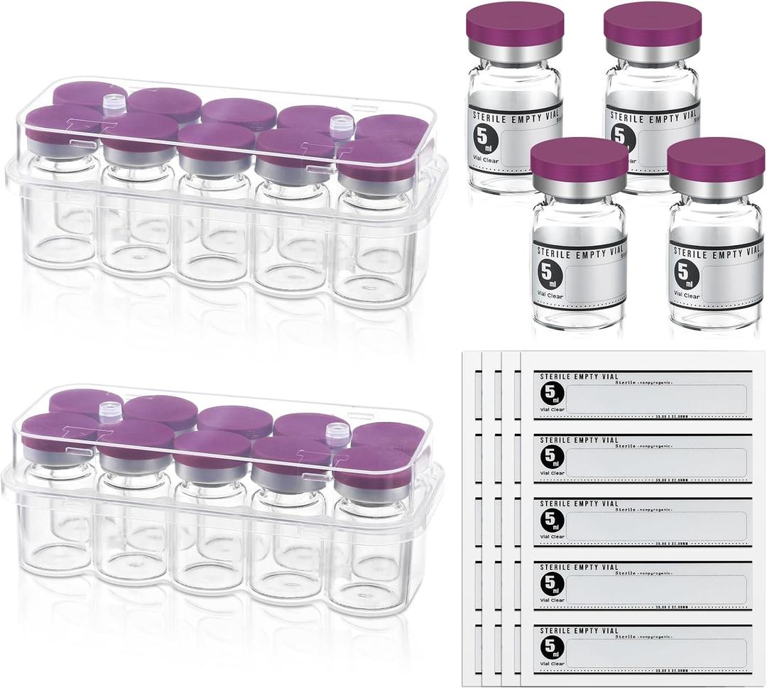 20 Pcs 5ml Sealed Sterile Empty Vials with Self Healing Injection Port Glass Penicillin Bottle with 20 Label Stickers (Purple)