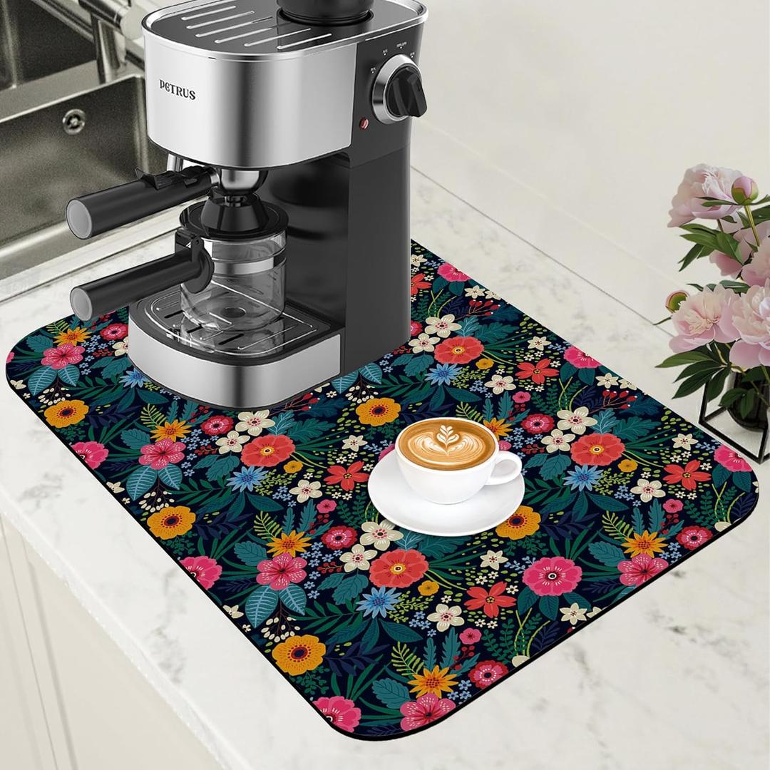 Dish Drying Mat Colorful Flowers and Leaves Coffee Bar Mat for Countertop Absorbent Hide Stain Rubber Backed Dish Drainer Rack Pad Espresso Machine Table Accessories Dining Room Decor 11.8 x 19.7 Inch