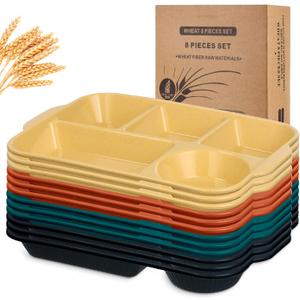 Pinkunn 12 Pcs 13'' Large Divided Plates Reusable Unbreakable Wheat Straw Plates 5 Compartment Lunch Trays Bulk Microwave Dishwasher Safe Food Portion Control Plates, Orange, Yellow, Green, Blue