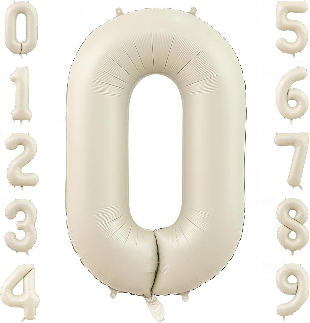 Cream Number 0 Balloons,40 Inch 0 Balloons Giant Helium Foil Mylar Beige 0 Balloon Number for Birthday Party Anniversary Decorations
