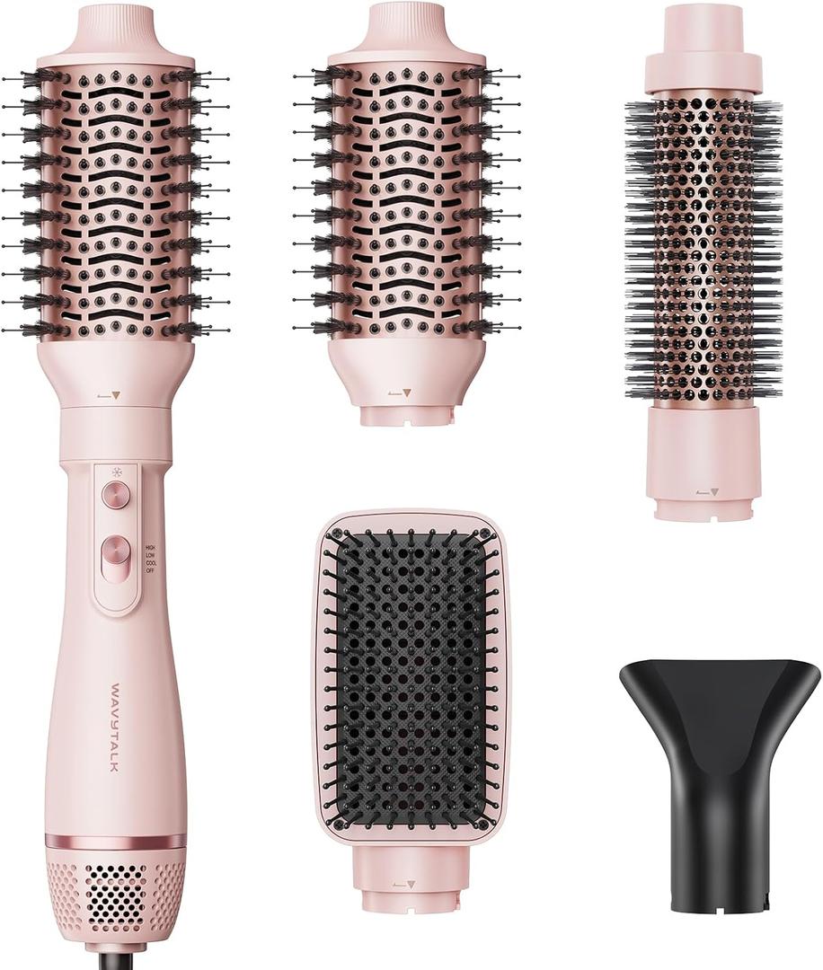 Wavytalk Hair Dryer Brush Set, Air Sculpt 4-in-1 Hot Air Brush Set, Multi Hair Styler for Salon Blowouts, Smooth Curls, Volumizing and Straightening, Sleek and Less Frizz, Pink