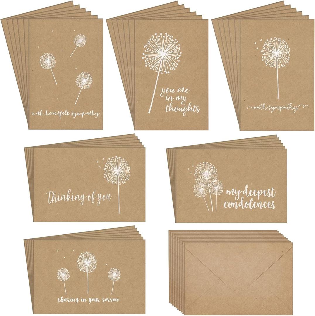 Best Paper Greetings Sympathy Cards with Envelopes - 4 x 6 In, 36 Pack, Kraft Paper & Brown Envelopes - Blank Sympathy & Thinking of You Cards