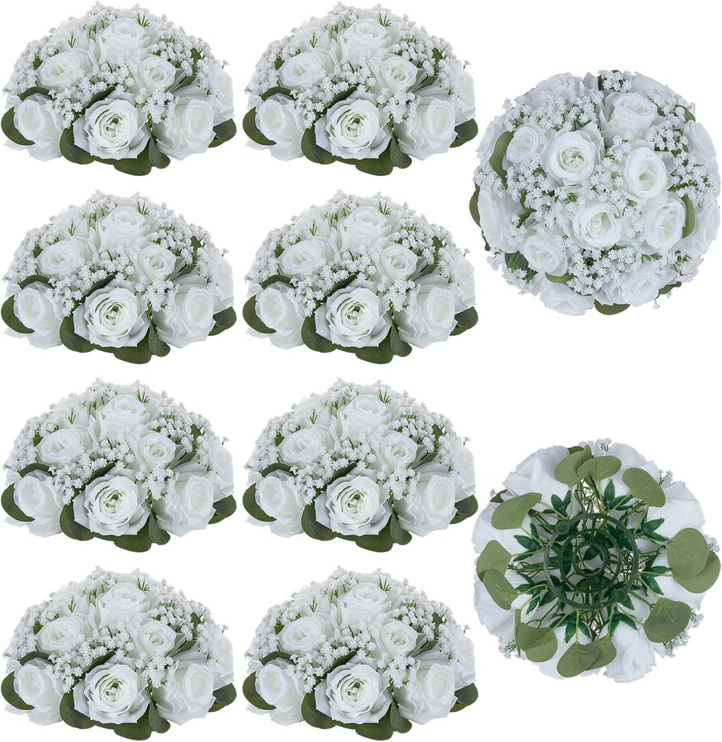 BLOSMON White Flowers for Centerpieces Wedding: 10 Pcs Artificial Rose Babys Breath Flower Balls for Table Decoration - Fake Silk Kissing Floral Arrangement for Home Party Event Decor