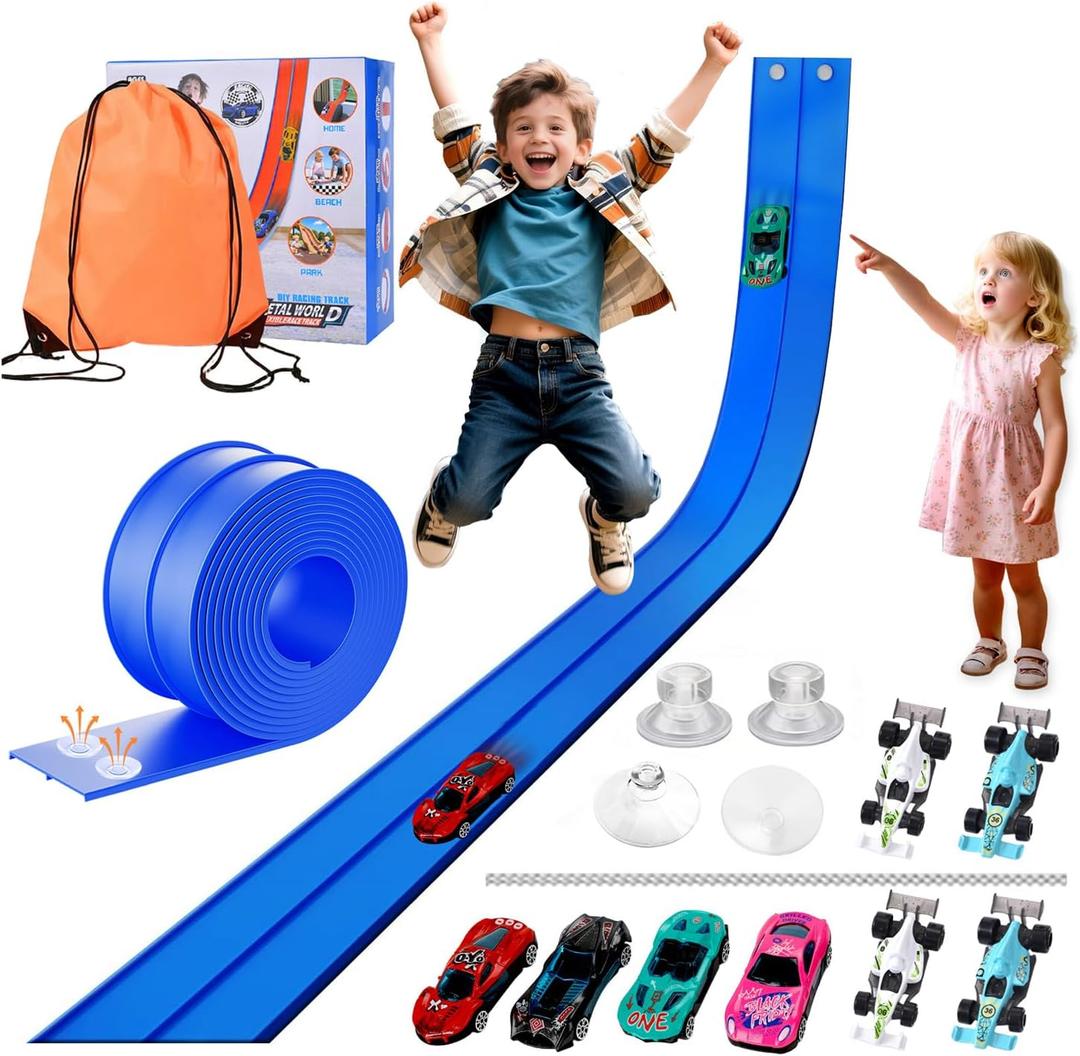 Flexible Car Track for Kids: 15 Ft of Portable Roll-Up DIY Flexible Race Track with 8 Cars & 4 Strong Suction Cups Car Ramp Toy Track, A Great Birthday for Boys & Girls Ages 3+ (Blue)