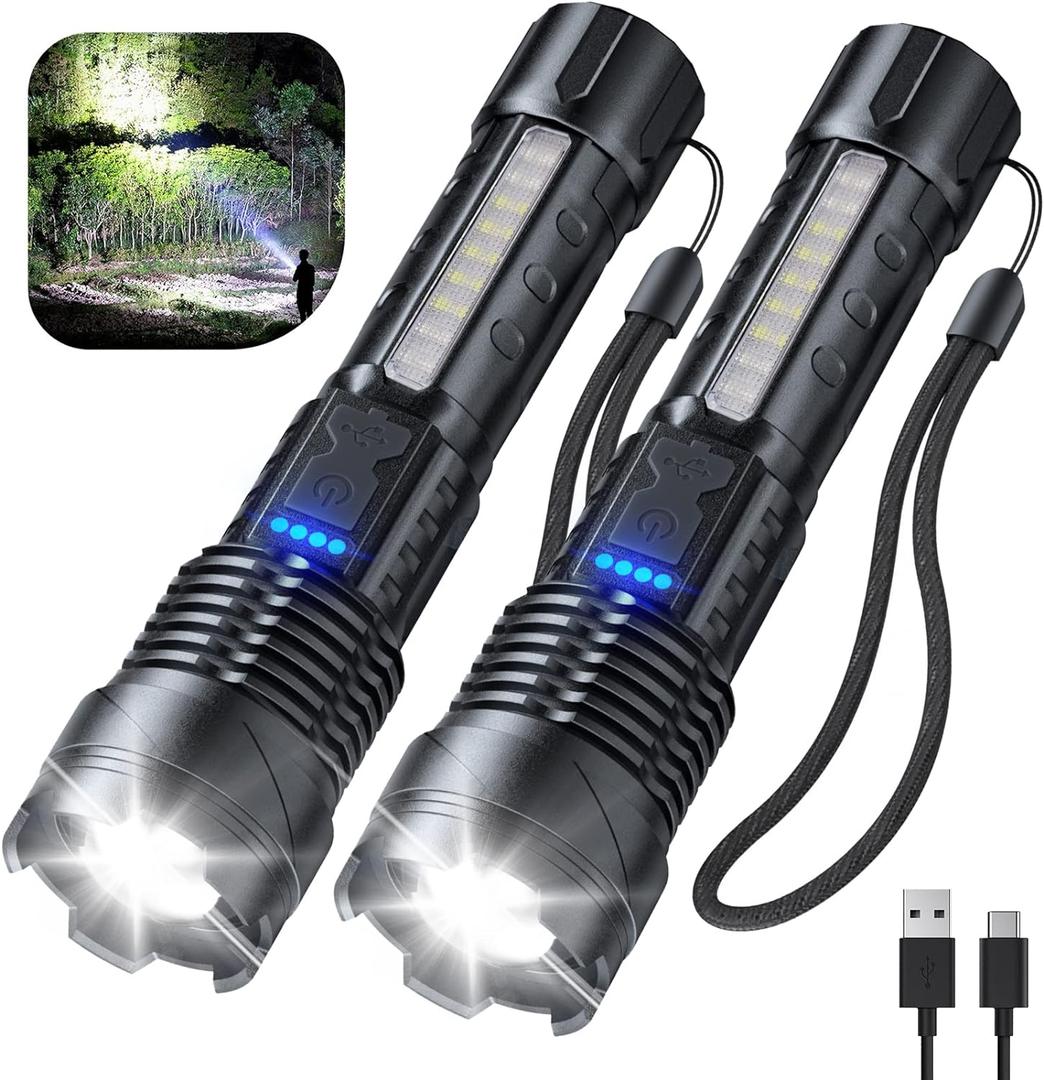 Cinlinso Flashlight High Lumens Rechargeable 2 Pack, 6000 Lumen Super Bright Led Flashlights with 7 Light Modes, IPX6 Waterproof, Powerful Handheld Flash Light for Camping Home Emergencies (Black)