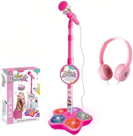 Kids Karaoke Microphone with Adjustable Stand,Standing Mic for Portable Singing, Retractable Headset for Music Sing-along,Flashing Stage Light Base for Aged 3-6 Boys Girls （Pink）